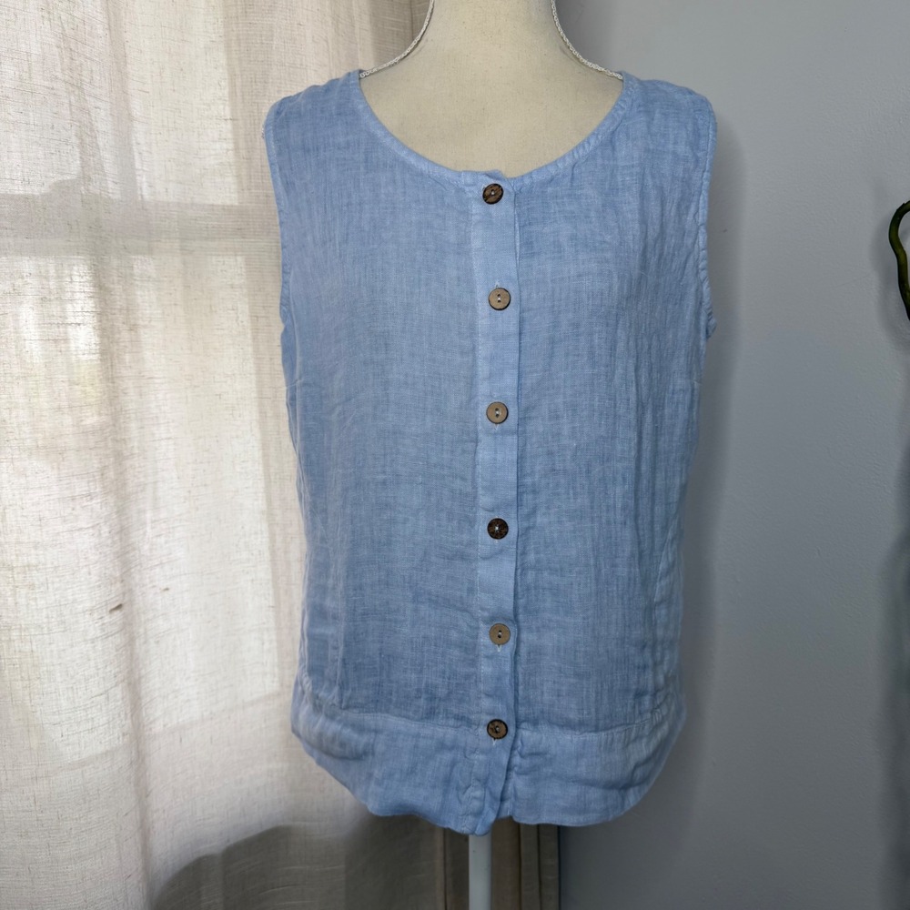 Inizio Linen Button Front Tank Top Ribbed Side Blue Made in Italy Womens Size XL